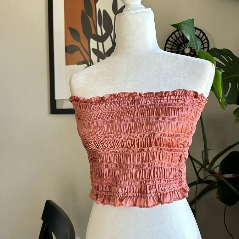NWOT Free People Be Right Back Tube Smocked Ruffled Rose Gold Strapless Shiny